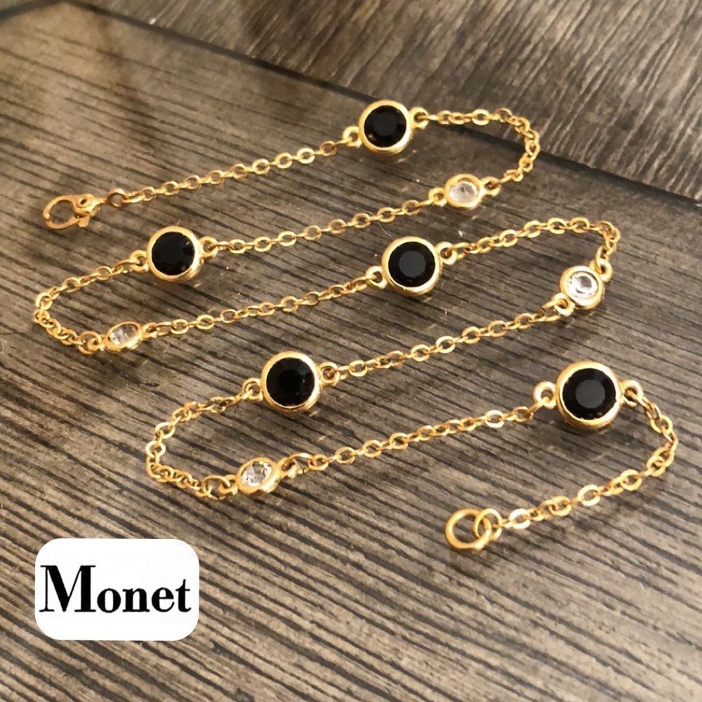 Vintage Monet Station Necklace with Black & Clear Cut Glass Crystal Gems